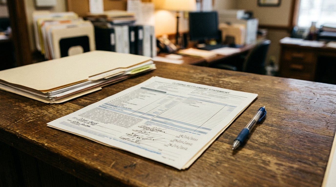A real estate closing settlement statement on a desk with a pen resting beside a manila folder