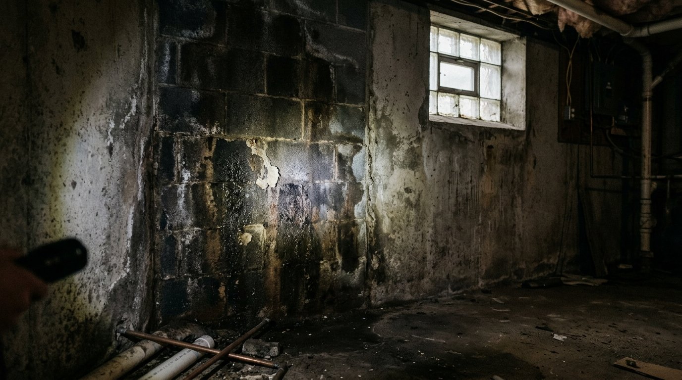 Home inspector flashlight illuminating damp water staining on a basement wall