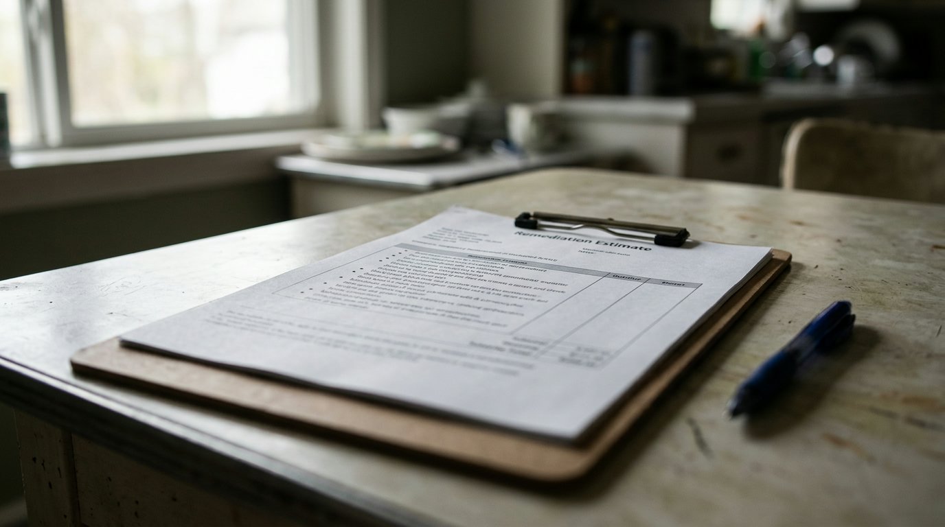 Printed remediation estimate on a clipboard resting on a kitchen table