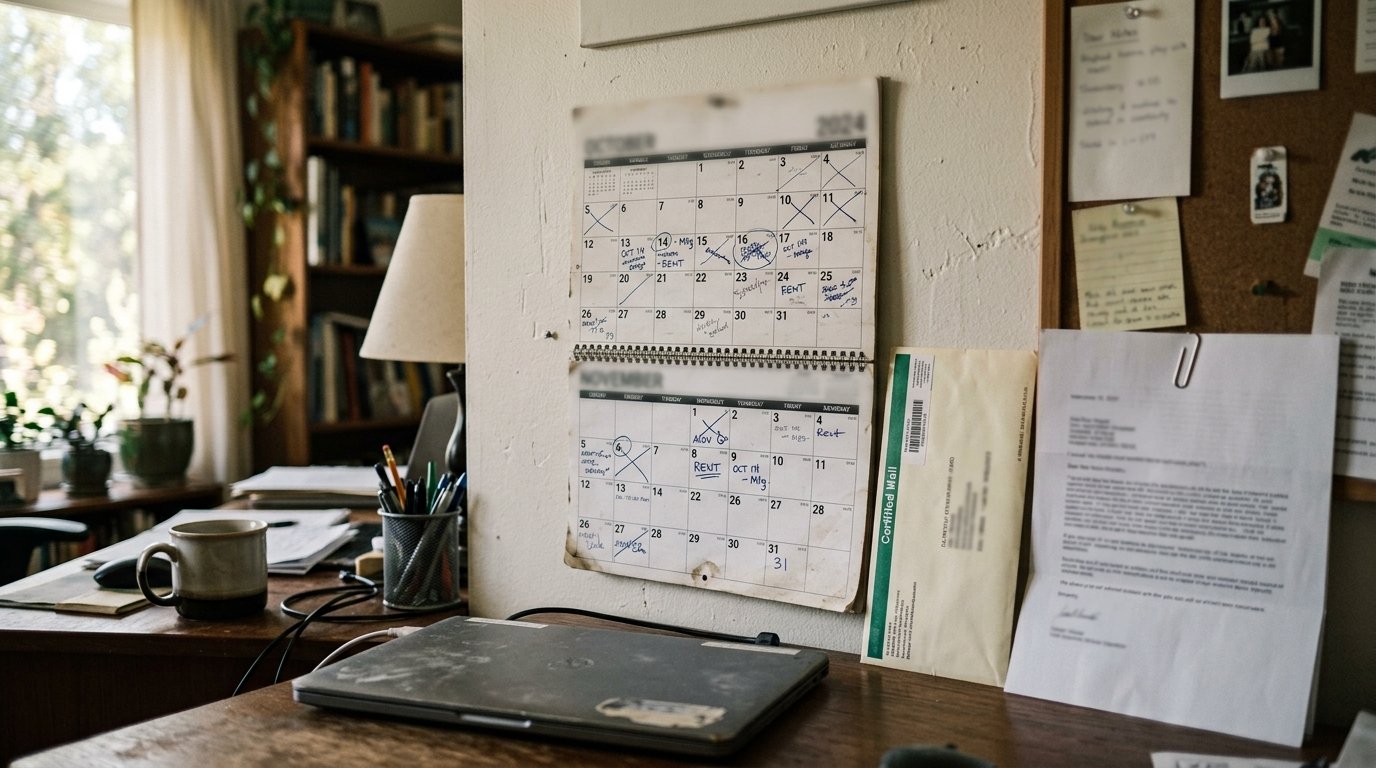 A wall calendar above a desk with a certified mail envelope and printed letter