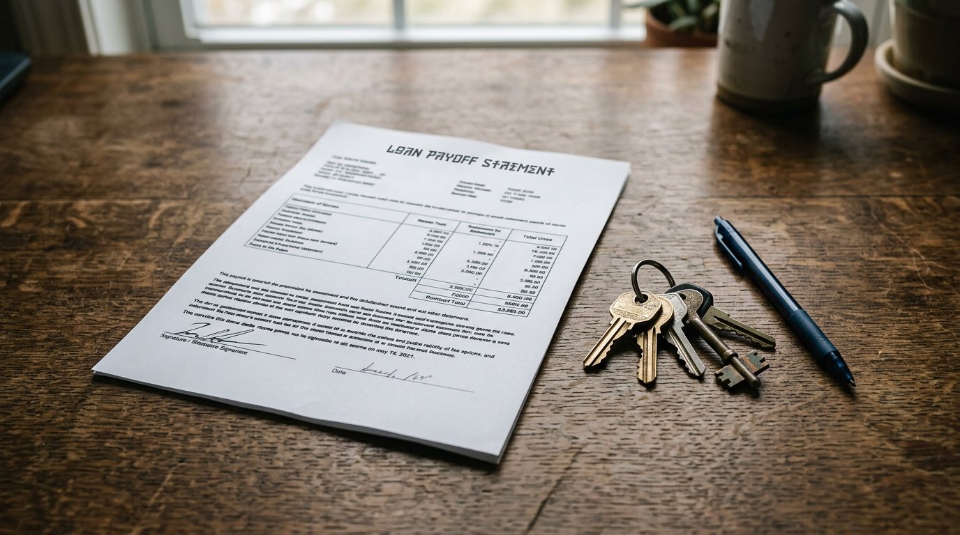A printed loan payoff statement on a desk beside house keys and a pen