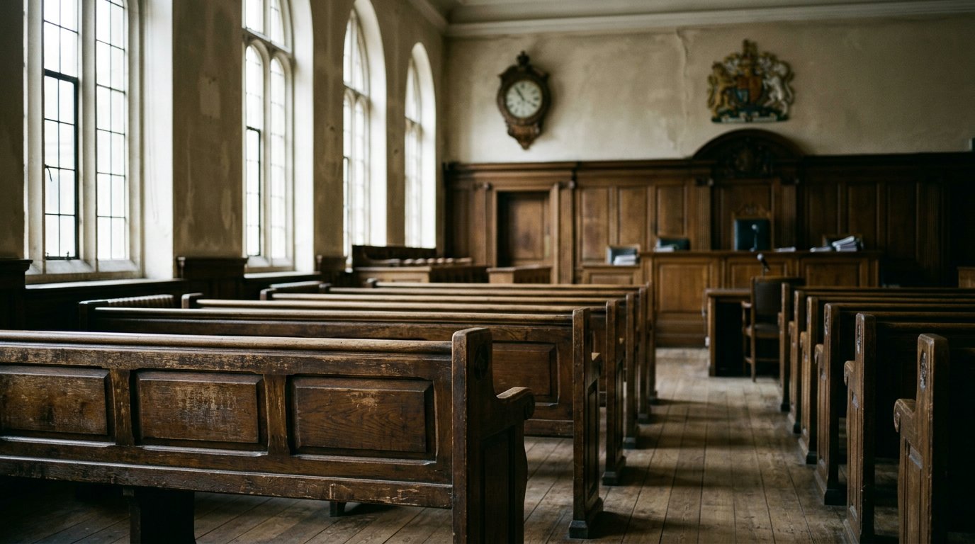Empty wooden courtroom benches inside a county courthouse on a grey morning
