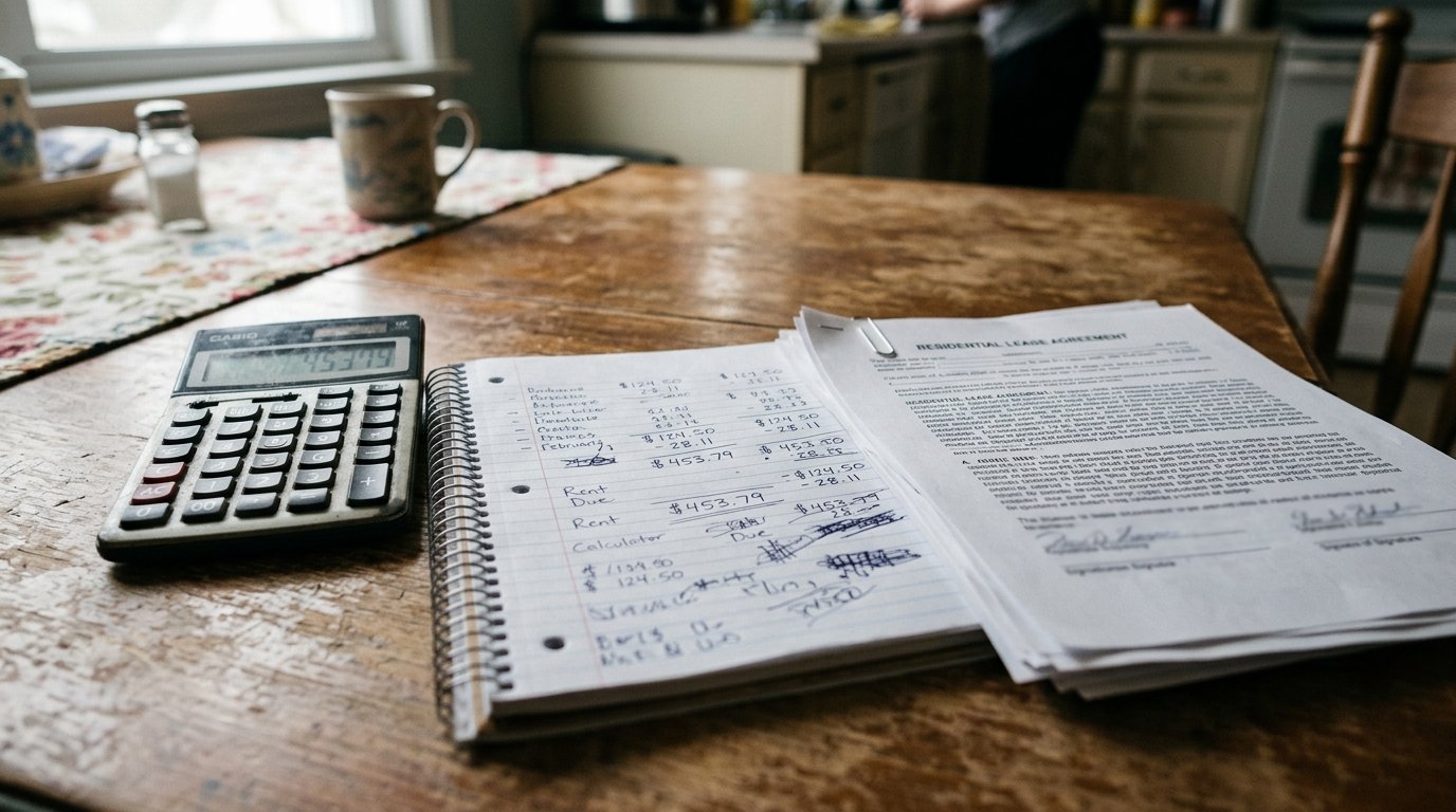 A calculator and notebook with handwritten figures next to a legal document on a table