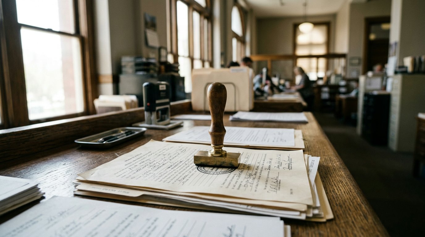 A notary stamp pressed onto legal papers at a county recording office counter