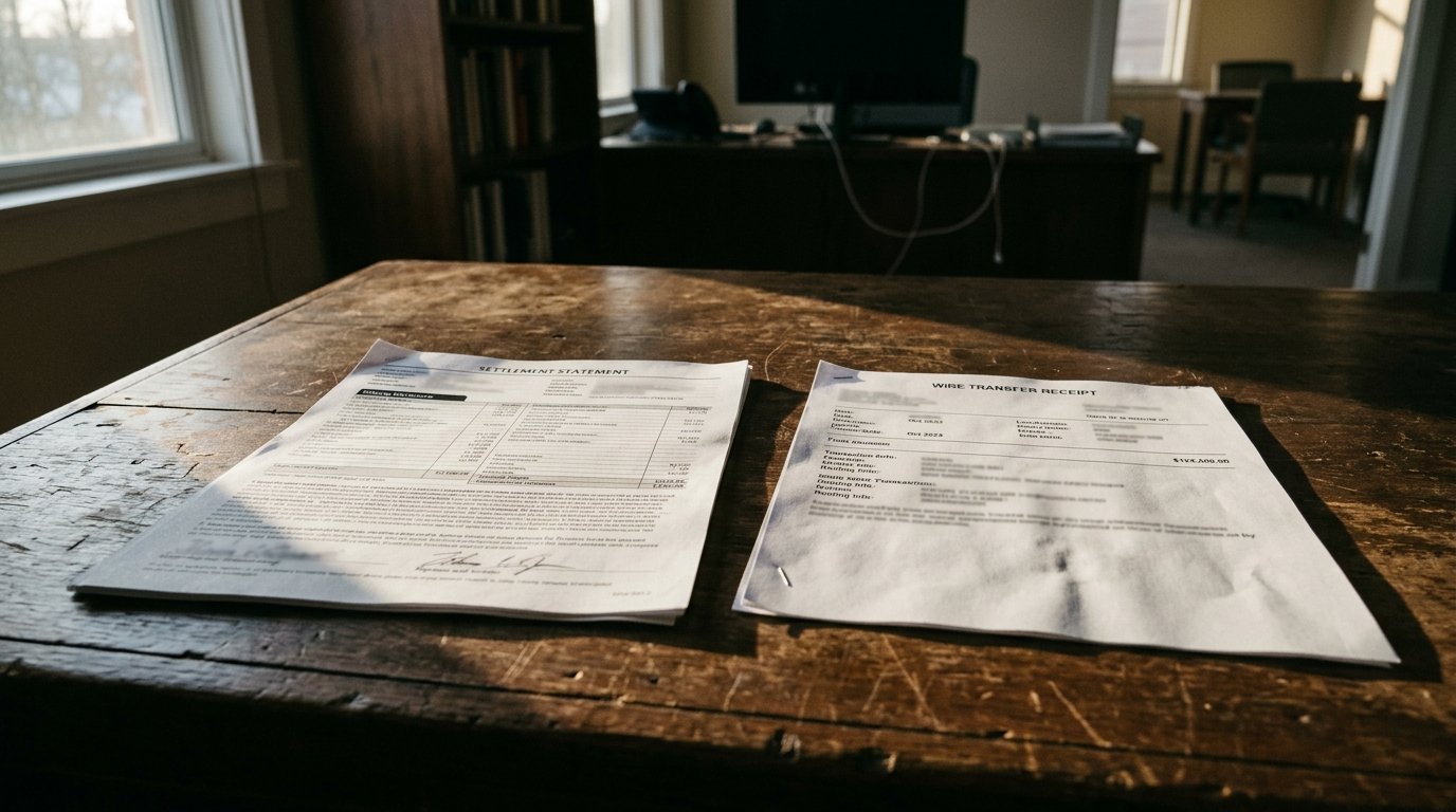 A printed settlement statement and wire transfer receipt on a bare office table