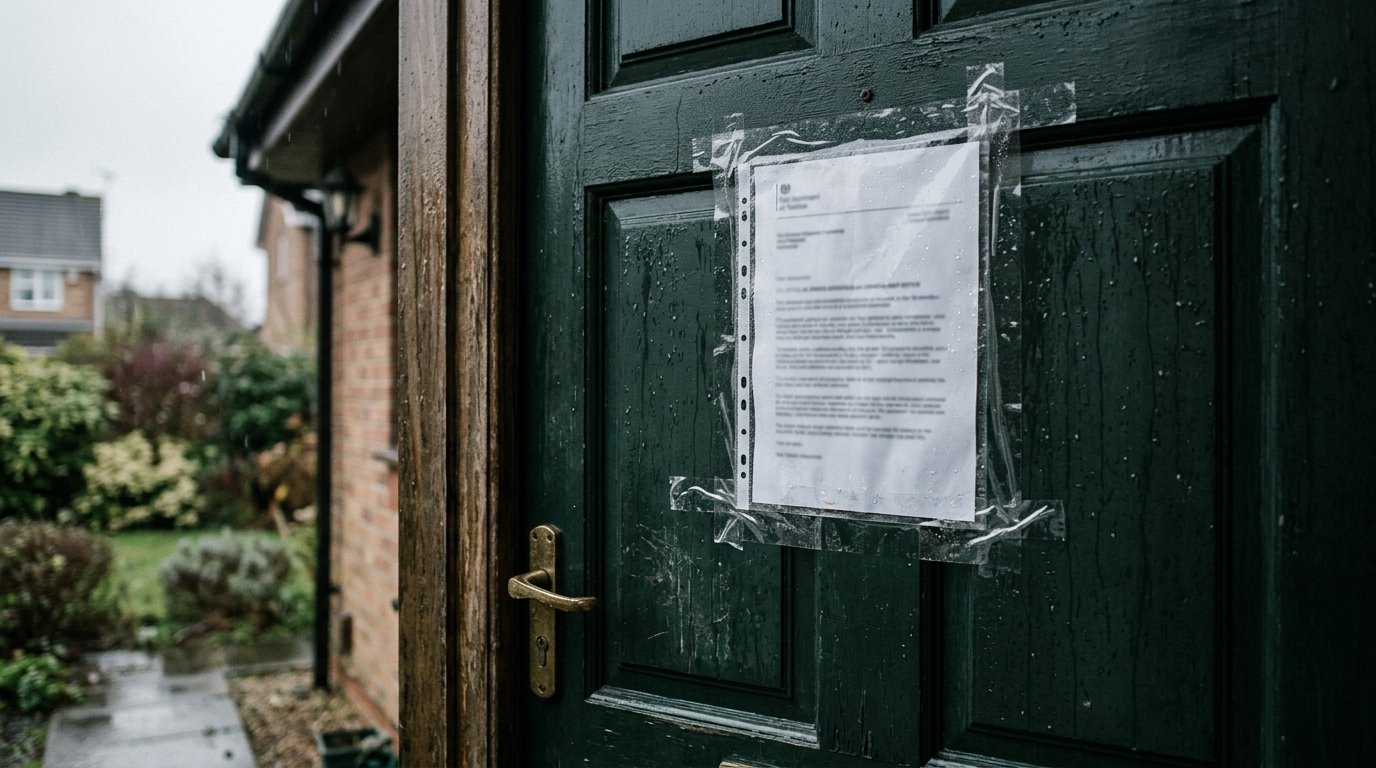 An official notice in a plastic sleeve taped to a rain-wet suburban front door