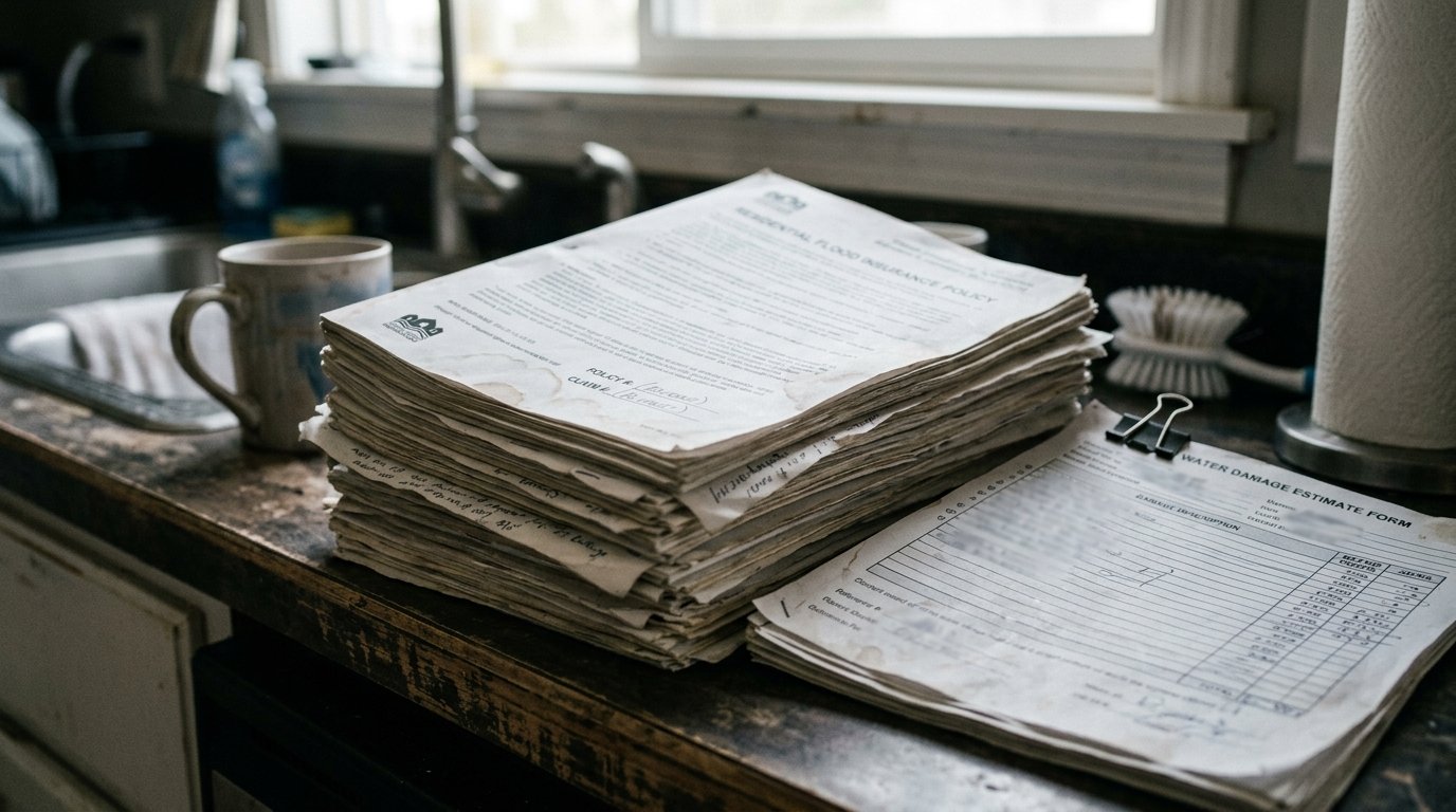 A stack of flood insurance policy documents and a water damage estimate on a kitchen counter