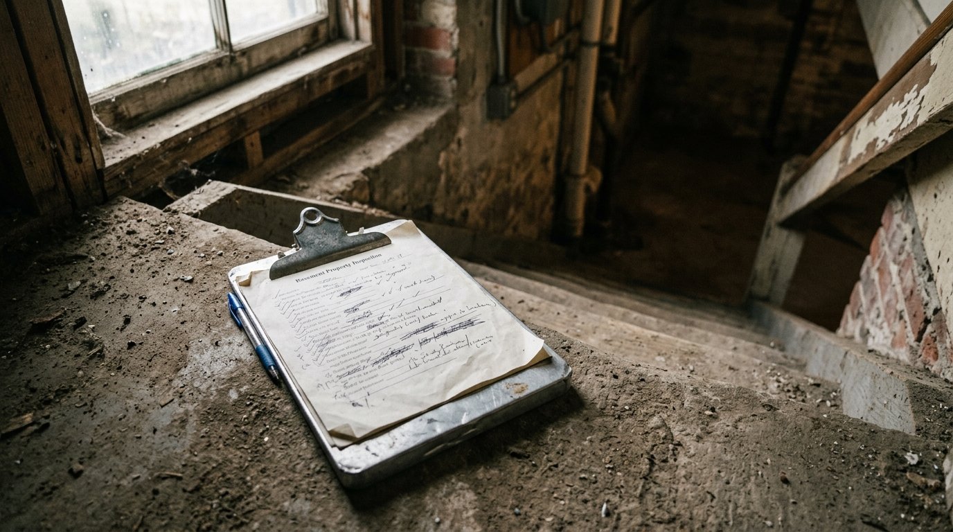 A metal clipboard with a property inspection checklist resting on dusty concrete basement stairs, early morning light from a ground-level window