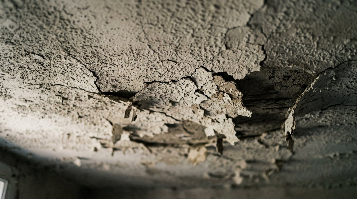 Close-up of deteriorating popcorn acoustic ceiling texture with visible cracking and flaking, soft afternoon light