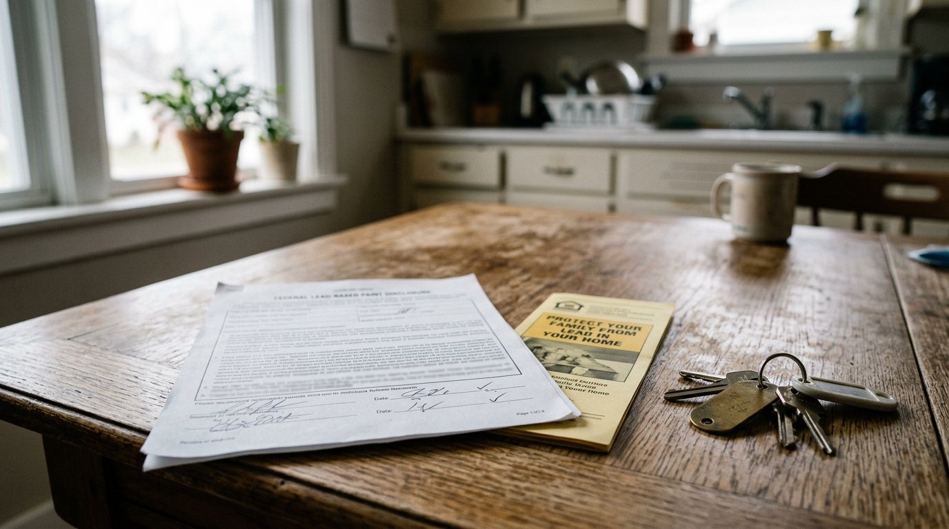 A federal lead paint disclosure form and lead hazard pamphlet on a kitchen table beside house keys