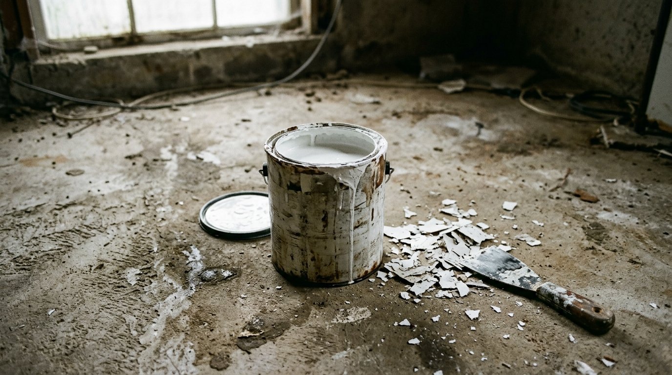An open can of encapsulant paint beside paint chips and a putty knife on a concrete basement floor