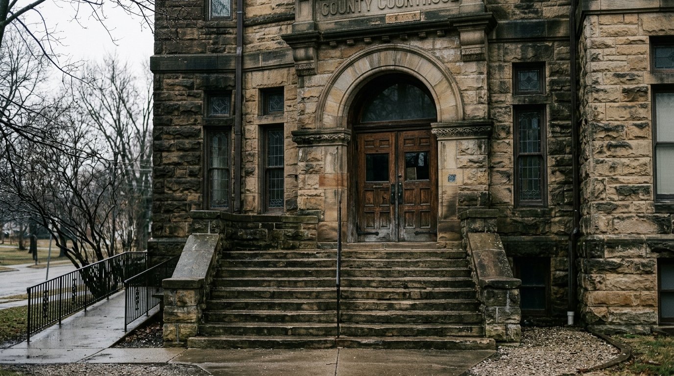 The stone facade of a county courthouse records office on an overcast morning