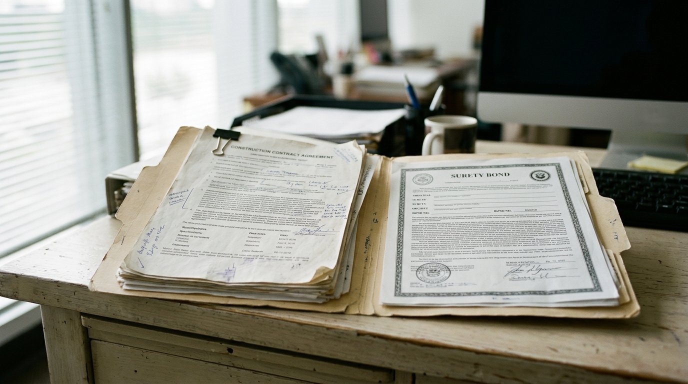 An open manila folder with construction contract paperwork and a surety bond document on a desk