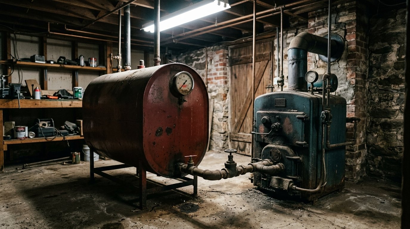 An above-ground residential heating oil tank in a basement utility room beside an old boiler