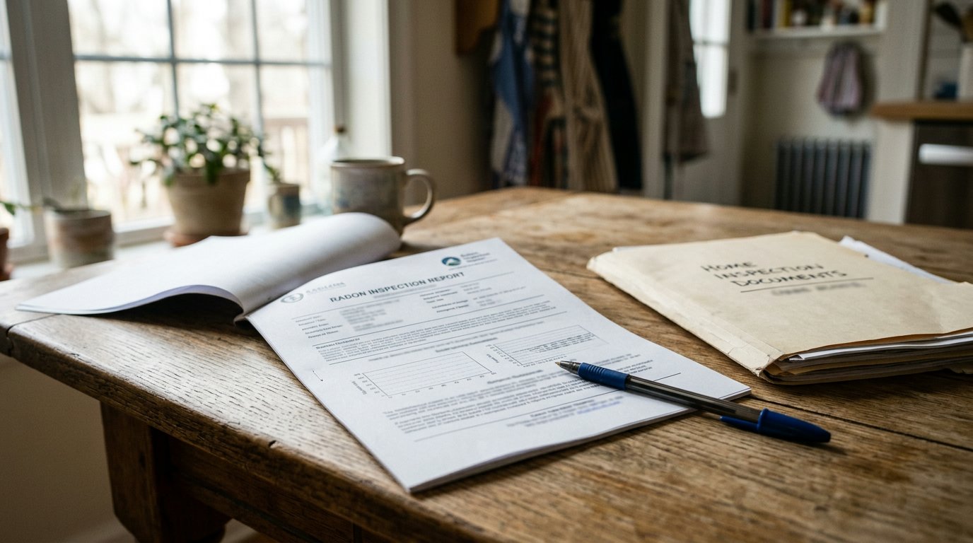 A printed radon inspection report on a kitchen table next to a manila folder and pen