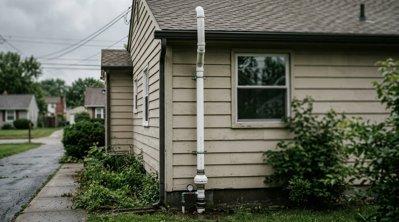 A white PVC radon mitigation pipe running up the exterior wall of a suburban house
