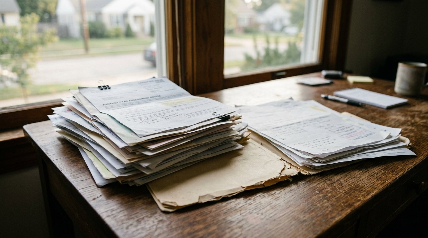 A stack of property tax assessment documents beside an open manila folder on a wooden desk