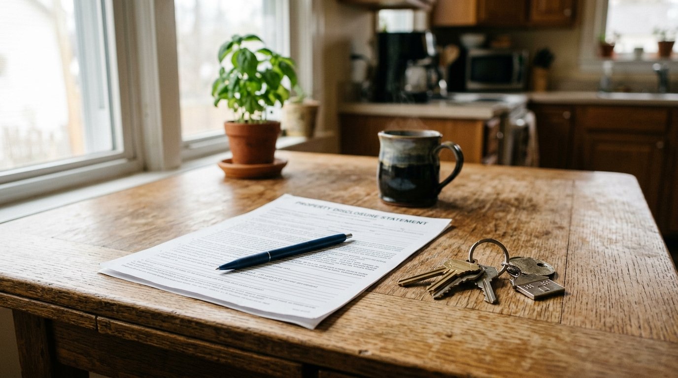 A real estate disclosure form with a pen resting beside house keys on a kitchen table